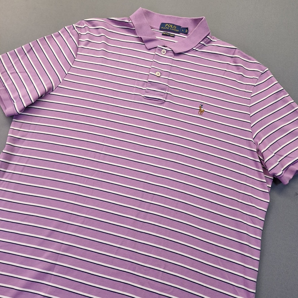Polo Ralph Lauren Mens Pima Soft Touch Purple Striped Golf Polo Shirt Large